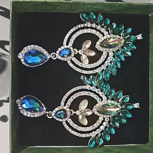 Rhinestone Beaded Earrings, Chandelier Drop Earrings, Green Pageant Earrings